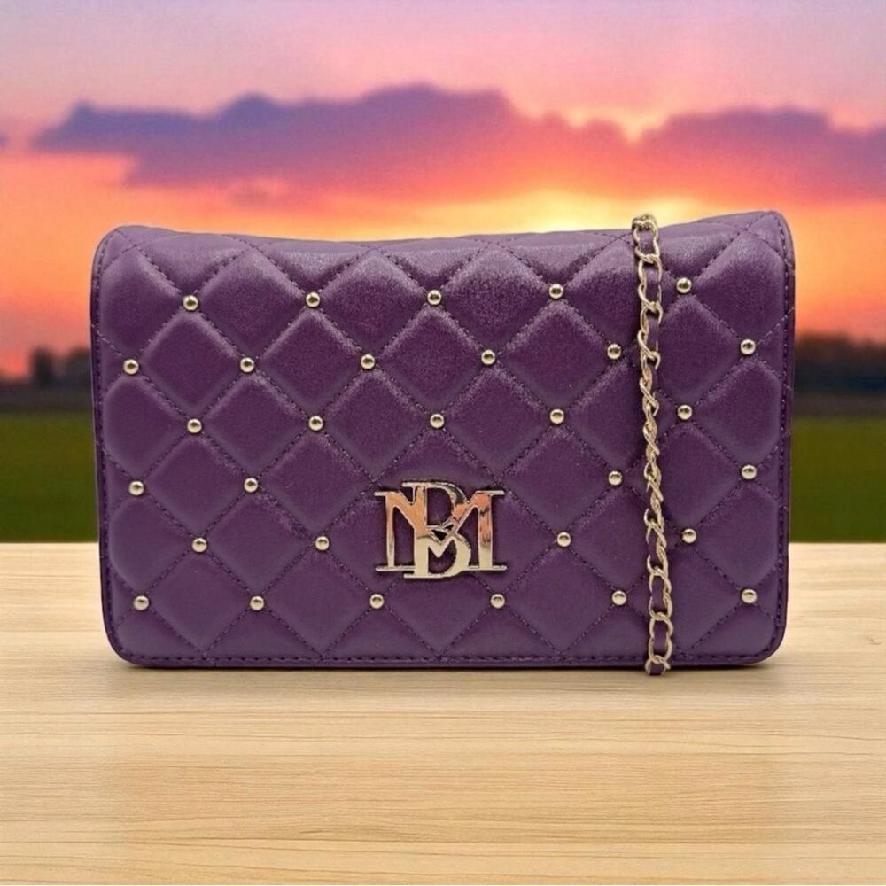 *K161 Badgley Mischka Big Diamond Crossbody Round Studs Plum & Gold Quilted NWT